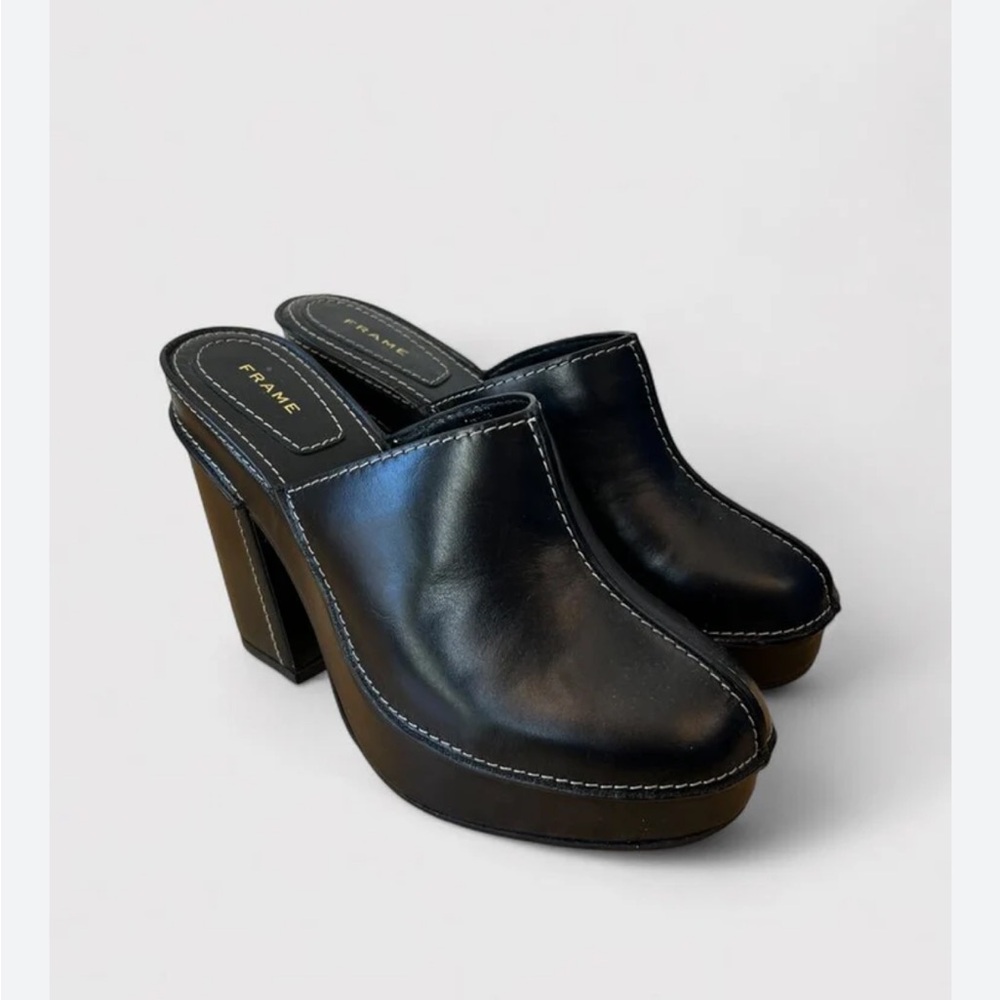 Frame Denim Black Leather Platform Mules